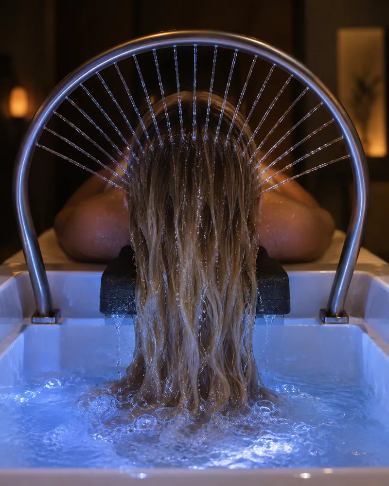 Water cascading from the halo shower over a guest’s hair at the basin