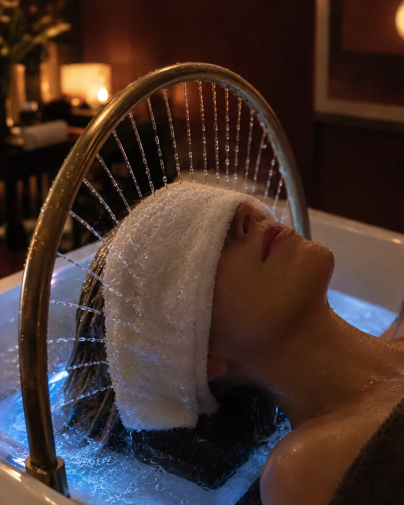 A guest resting with a warm towel over the eyes as water arcs from the halo shower
