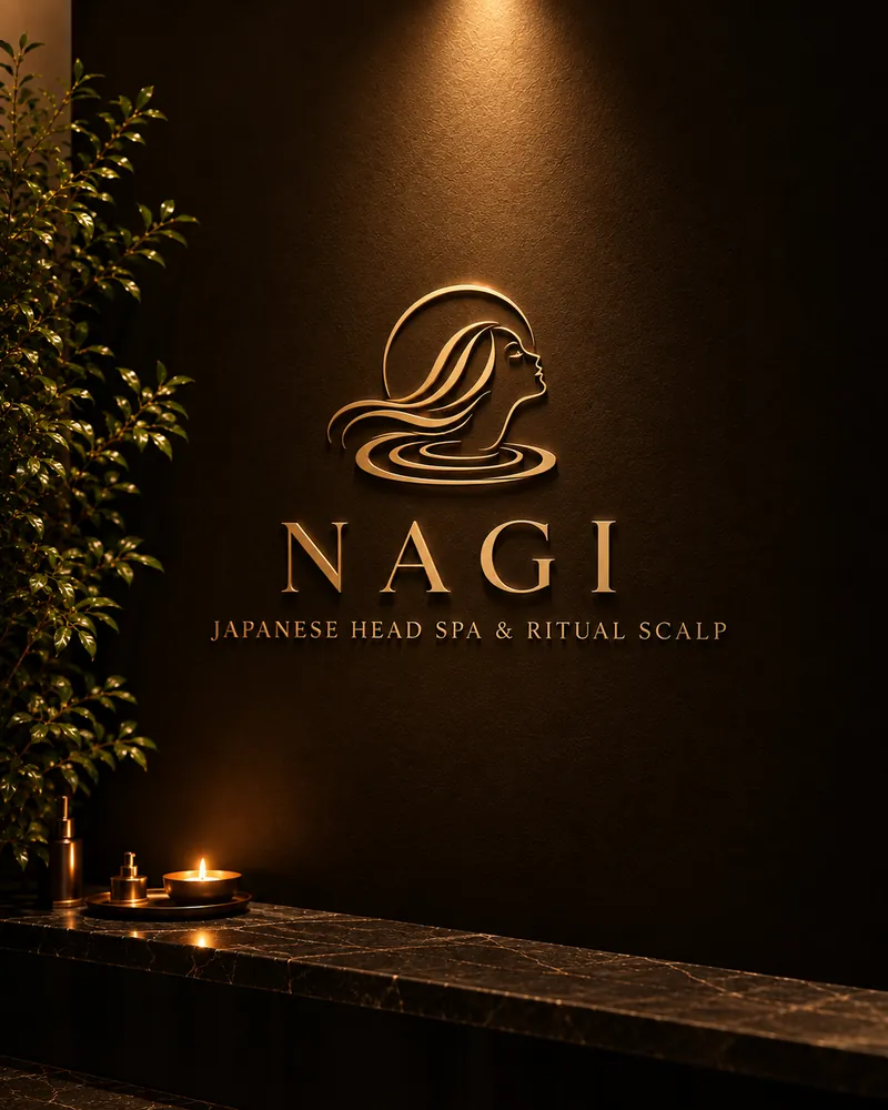 The NAGI sign glowing on a dark wall above a candlelit marble ledge